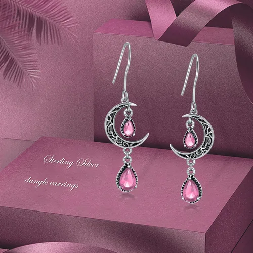 Miniatura 6 de Aretes de luna para mujer, plata de ley 925, aretes colgantes de luna celta, esmeralda, amatista, rubí, zafiro, rosa, peridoto, aguamarina, citrino