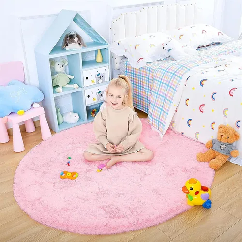 Miniatura 6 de Alfombra redonda rosa para dormitorio, alfombra circular esponjosa de 4 pies para habitación de los niños, alfombra suave antideslizante, alfombra