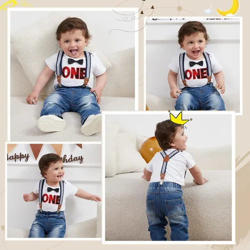 Miniatura 48 de Conjunto de ropa de cumpleaños para bebé niño pequeño, con tirantes, pantalones de mezclilla rasgados