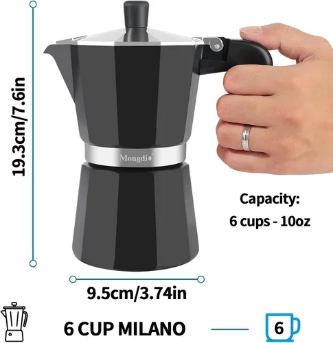 Miniatura 6 de Mongdio - Cafetera de café espresso para estufa Moka, Cafetera Cubana para estufa, Cafetera Mocha Greca Italiana, para 6 tazas de espresso, 10 onzas