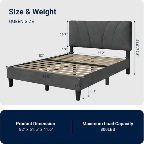Miniatura 2 de Avenco - Base de cama tamaño Queen, plataforma tapizada con cabecero ajustable, soporte de listones de madera, fácil montaje, no necesita somier