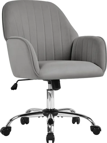 Yaheetech Moderno sillón giratorio de terciopelo para escritorio, altura ajustable, para sala de maquillaje, sala de estar, dormitorio, gris claro