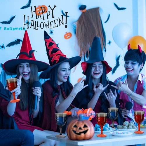 Miniatura 6 de Dandat Juego de 24 copas de mano de esqueleto de Halloween de 12 onzas de plástico transparente para Halloween, juego de copas de vino para naranja