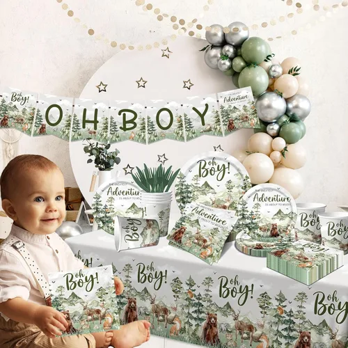 Miniatura 3 de Vajilla con texto en inglés "Let The Adventure Begin", vajilla para baby shower, platos y servilletas de bosque, decoración de tazas, mantel