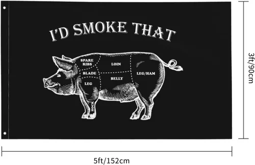 Miniatura 3 de Bandera de barbacoa divertida con texto en inglés "I'd Smoke That Pig" de 3 x 5 pies, colores vivos y resistentes a la decoloración UV, banderas