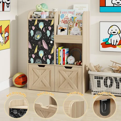 Miniatura 7 de Organizador de almacenamiento de juguetes para niños con rincón de lectura, estantería de madera para niños con pizarra y 2 cajones móviles, Roble