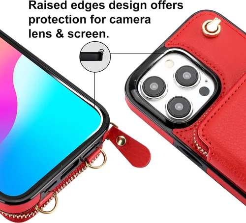 Miniatura 7 de Bocasal Funda tipo cartera cruzada para iPhone 15 Pro Max, funda de piel con bloqueo RFID y soporte para tarjetas, funda protectora con cremallera