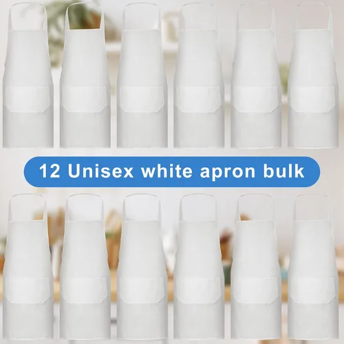 Miniatura 2 de Paquete de 12 delantales con peto, delantales blancos a granel, delantales unisex lisos con 2 bolsillos, delantal en blanco con lazos largos