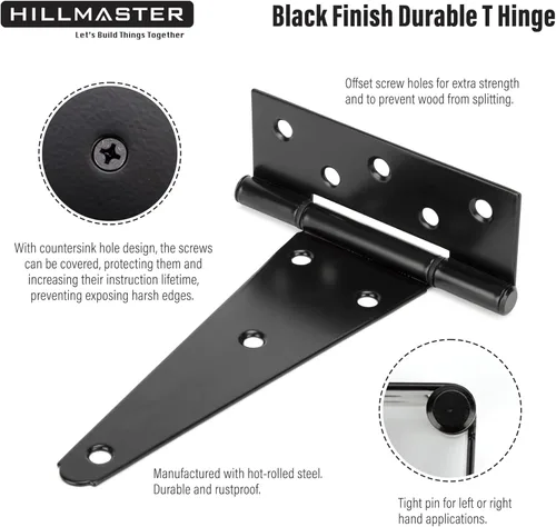 Miniatura 4 de HILLMASTER Bisagras de puerta de cobertizo de 10 pulgadas con correa en T resistentes, bisagras de correa en T negras, bisagra en T forjada