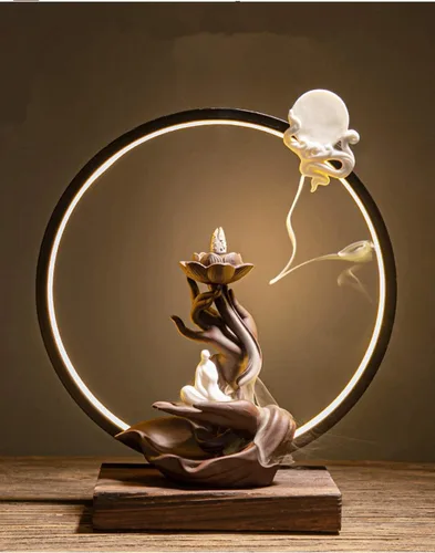 Quemador de incienso de loto de cerámica, cascada, varillas de incienso chino, soporte para quemador con luz LED, conos de incienso para decoración