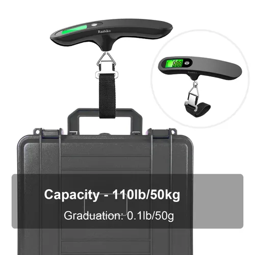 Miniatura 3 de Raabiko Báscula digital de equipaje, báscula digital portátil para equipaje con capacidad de 110 libras, batería incluida, color negro