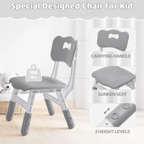 Miniatura 5 de DOREROOM Juego de mesa y 2 sillas para niños, altura ajustable (17.7-26.1 pulgadas), mesa y silla para niños pequeños, mesa multiactividad con Gris-W