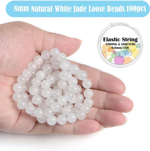 Miniatura 2 de 100 cuentas sueltas redondas de jade blanco natural de 0.315 pulgadas para fabricación de joyas con cordón elástico de cristal