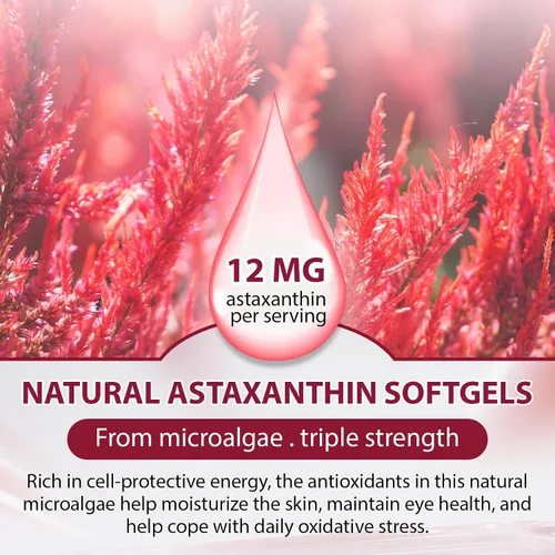 Miniatura 3 de Astaxantina 12 mg – Astaxantina natural de Haematococcus Pluvialis, suplemento antioxidante de triple fuerza para apoyo de ojos, piel