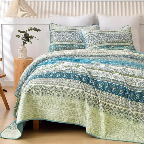Miniatura 8 de WONGS BEDDING Juego de edredón bohemio tamaño Queen Aqua, juego de colcha de 3 piezas a rayas, de microfibra ligera y suave bohemia para todas