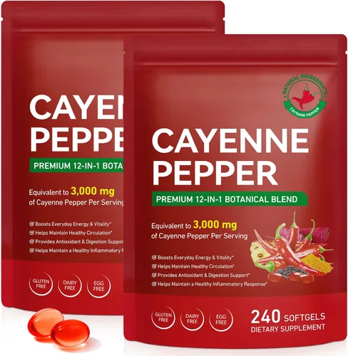 Miniatura 9 de Suplemento de cápsulas blandas de pimienta de cayena, rico en itamina E D3+K2 y extractos de semilla de uva, espino, remolacha y otros, apoya
