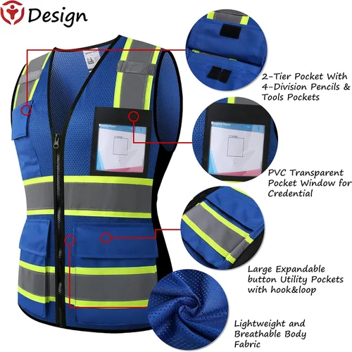 Miniatura 3 de Chaleco de seguridad reflectante de alta visibilidad para hombres y mujeres con bolsillos y cremallera frontal, cumple con los estándares ANSI/ISEA