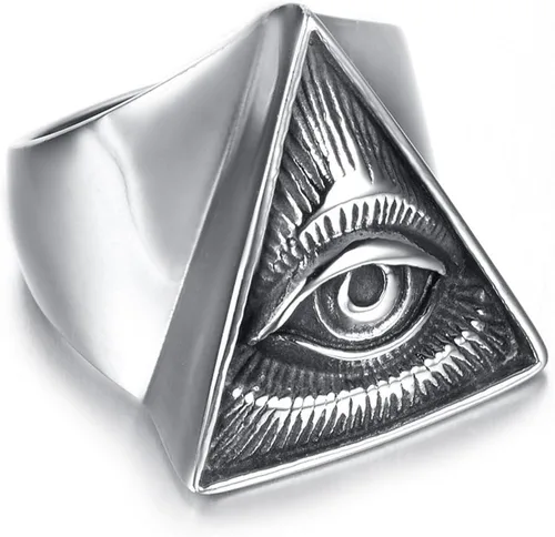 Miniatura 3 de Anillo de plata con ojos completos de triángulo de pirámide para hombre, anillo de bicicleta gótica de acero inoxidable, Acero inoxidable, plata