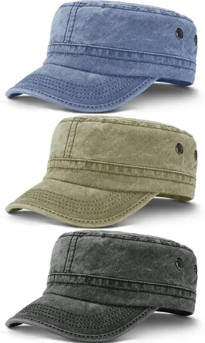 Geyoga 3 unidades Cadet Army - Gorras de algodón lavado militar para tapas planas ajustables estilo militar sombrero unisex