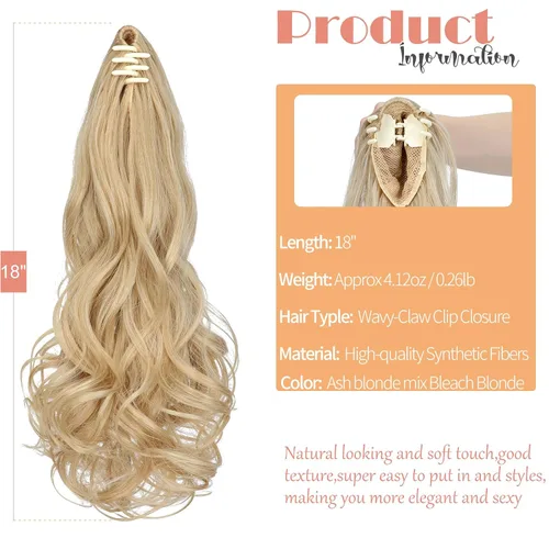 Miniatura 2 de Pinza de extensión de cola de caballo de 18 pulgadas, extensiones de cabello ondulado rizado con clip, extensiones de cola de caballo largas, Rubio