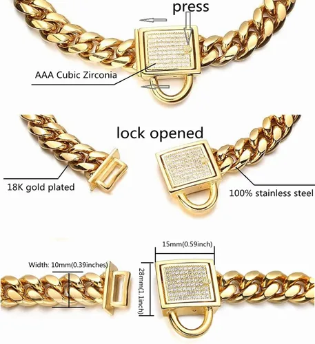 Miniatura 3 de Collar de cadena dorado para perro de 10mm de ancho, collar de eslabones cubanos para cachorros, acero inoxidable 316L con cierre de diamante CZ