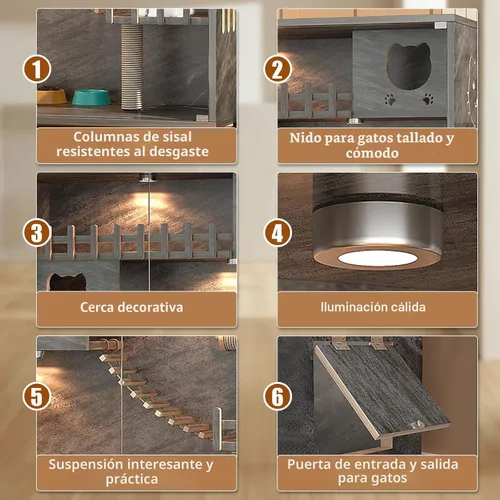 Miniatura 5 de Condominio cerrado para gatos, jaula para gatos de gran espacio con poste rascador, recinto de madera para gatos para interiores y exteriores, casas