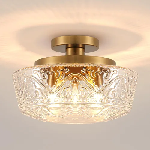 Miniatura 15 de Daunton Lámpara de Techo Semiempotrada, Accesorio de Iluminación de Techo de Cocina Vintage Dorado, Luz de Techo Cercana con Globo de Cristal Ámbar