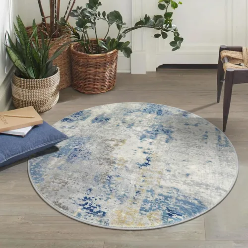 Miniatura 8 de Lahome Alfombra redonda moderna abstracta de 3 pies, color azul, lavable, de 3 x 3 pies, para cocina, entrada, suave, pequeña, antideslizante