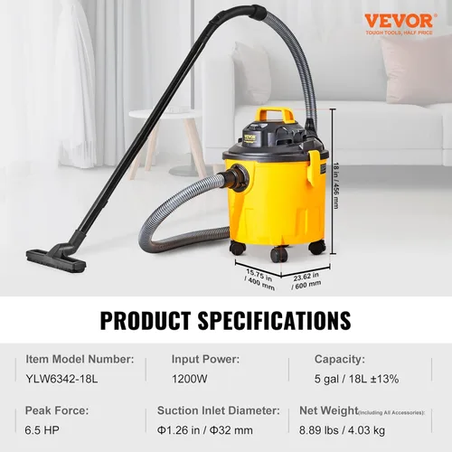 Miniatura 7 de VEVOR Aspiradora de 5 galones para uso comercial, aspiradora húmeda y seca de 6 Peak HP - Potente succión con función sopladora y accesorios 2 en 1
