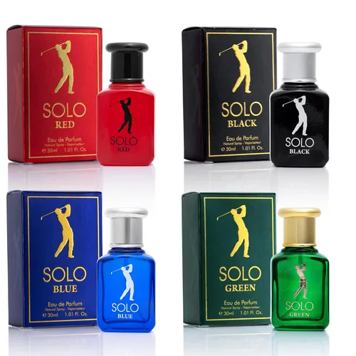 NovoGlow Solo - Juego de 4 fragancias pequeñas para hombre, EDP, Solo rojo, azul, negro y verde, combinación de aromas amaderados, cítricos y