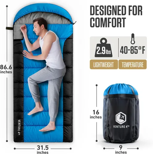 Miniatura 2 de VENTURE 4TH Saco de dormir para mochileros – XXL, tamaños dobles e individuales – Saco de dormir ligero para clima cálido y frío para adultos, niños