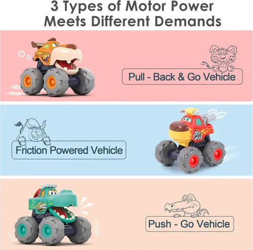 Miniatura 2 de iPlay, iLearn Juguete de camión monstruo de 3 piezas, auto de tracción para bebé, camiones de animales Push Go, vehículo de juego de ruedas grandes