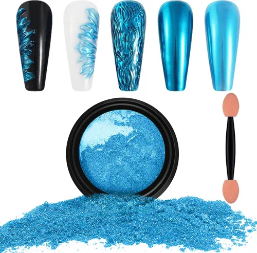 Artdone Polvo de Uñas Cromado, Polvo Aurora Iridiscente Azul Efecto Espejo Metálico Pigmento Perlado Sirena Pigmento Perla Purpurina Polvo Kit,