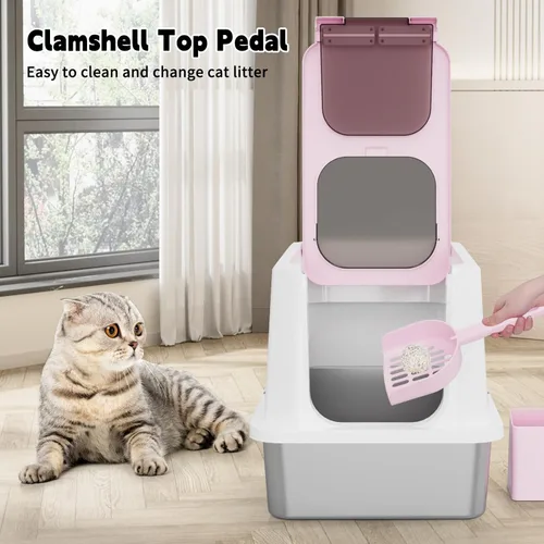 Miniatura 4 de RIZZARI Caja de arena cerrada extragrande para gatos, bandeja de arena de acero inoxidable rosa con diseño antifugas, superficie antiadherente fácil