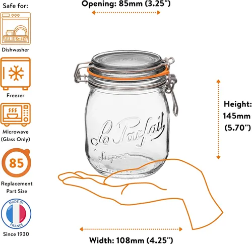 Miniatura 5 de Le Parfait Super Jars Tarros de vidrio para conservas estilo francés, de boca ancha, con cuerpo redondeado, tapas de vidrio y sellos de hule 24oz