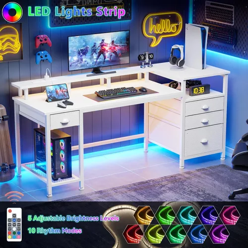 Miniatura 6 de Furologee Escritorio para juegos de 52 pulgadas con luces LED y tomas de corriente, escritorio reversible para computadora con 4 cajones, archivador