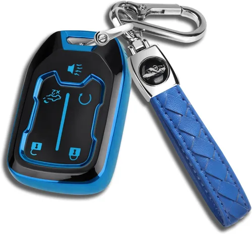 QBUC Funda para llavero GMC con llavero de TPU suave, compatible con GMC Acadia Sierra Terrain y Chevy Silverado 5 botones (borde azul negro)