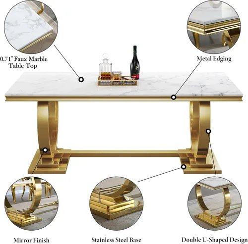 Miniatura 6 de Juego de mesa de comedor de mármol sintético, 7 piezas, juego de mesa de cocina y comedor para 6, mesa de comedor rectangular blanca de 70 pulgadas