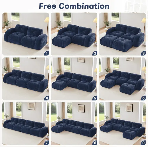 Miniatura 8 de Sofás modulares modulares de 110.6 pulgadas para sala de estar, sofá moderno de terciopelo sin hueso, no requiere montaje, cómodo sofá sin hueso