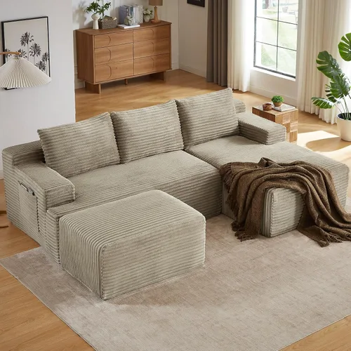 Miniatura 41 de Sofá modular Cloud de 95 pulgadas con otomana, moderno sofá nube en forma de U con asiento profundo, cómodo sofá de pana de 3 plazas, sofá de espuma