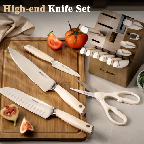 Miniatura 8 de Astercook Juego de cuchillos de cocina con bloque y afilador Premium de espiga completa 17 piezas, cuchillos de acero inoxidable alemán aptos