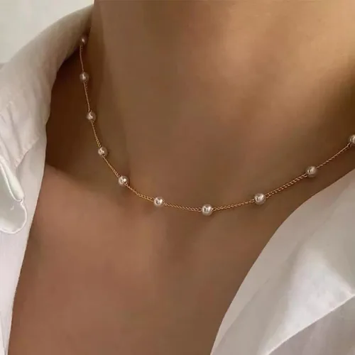 Miniatura 2 de Collares de perlas para mujer, gargantilla de perlas chapadas en oro de 14 quilates, collar de perlas de oro delicado, gargantilla de oro simple