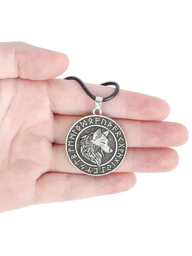 Miniatura 2 de HAQUIL Viking Wolf Necklace, Ancient Runes Medallion with Fenrir Wolf Head Pendant, Viking Jewelry Gift