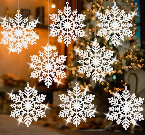 Miniatura 10 de AMS 30 unidades 4"/100 mm adornos de copo de nieve de plástico con purpurina brillante, decoración de árbol de Navidad para boda, Acción de Gracias