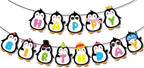 Bonita pancarta de feliz cumpleaños de pingüino, decoraciones de fiesta de cumpleaños de pingüinos, decoración de fiesta de cumpleaños de baby