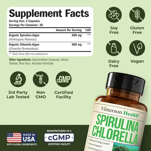Miniatura 3 de Cápsulas orgánicas de espirulina y clorella, cápsulas de espirulina con polvo de clorella para apoyo inmunológico, antioxidante y energético.