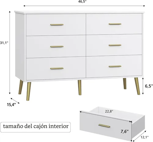 Miniatura 2 de Cómoda blanca para dormitorio, aparadores y cajoneras para almacenamiento de ropa, cómoda de madera para armario con 6 cajones, organizador de ropa