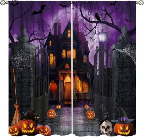 Miniatura 7 de Cortinas de Halloween naranja y negro de telaraña para sala de estar y dormitorio, decoración de panel de cortina de puerta para decoración