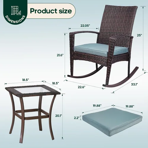Miniatura 6 de Niubya Juego de muebles de patio de 3 piezas de sillas mecedoras de mimbre, juegos de conversación de sillas de bistró de mimbre y ratán para Gris