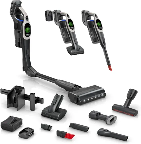 Bosch Unlimited 10 - Aspiradora inalámbrica con 2 baterías incluidas, hasta 140 minutos en total, tubo flexible, cargador rápido, pelo de mascotas,